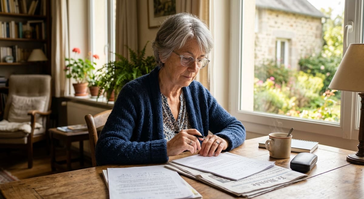 Une femme d'une soixantaine d'années, lunettes sur le nez, écrit à sa table près de la fenêtre, devant des papiers et une tasse.