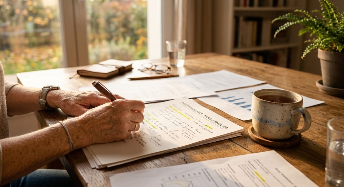 Deux mains posées sur des papiers annotés, l'une tenant un stylo, à côté d'une tasse, dans la lumière du jour.