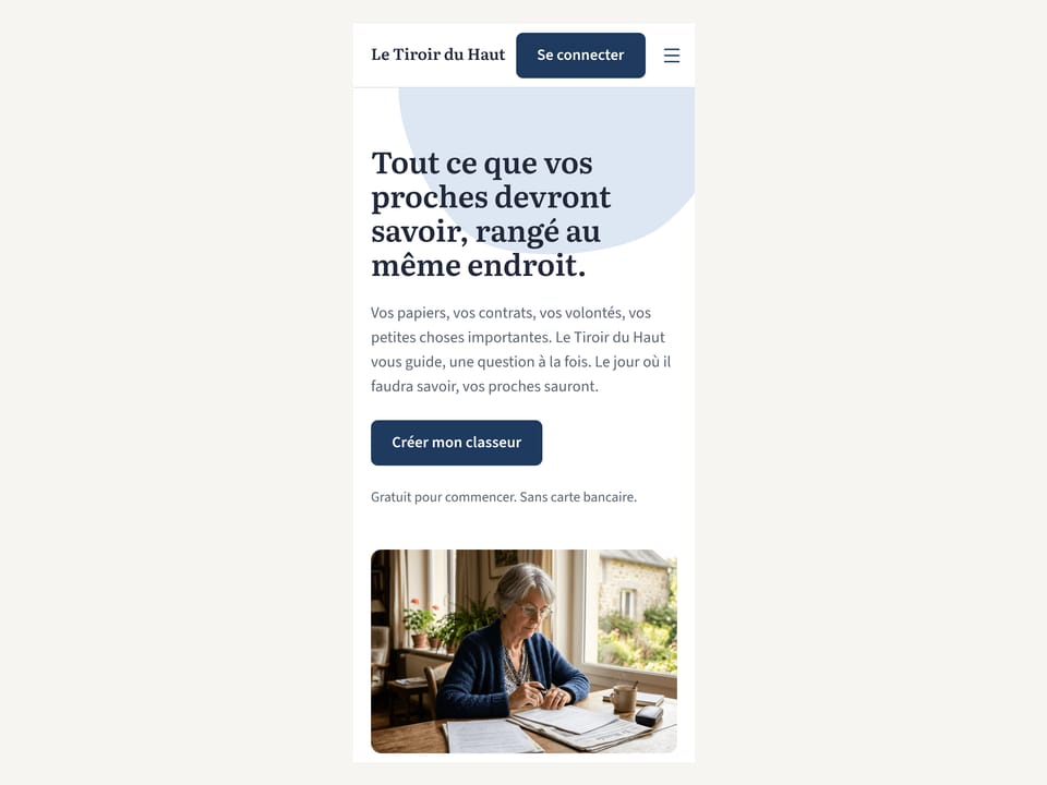 Page d’accueil du Tiroir du Haut sur un écran de téléphone, avec le titre et le bouton de création de classeur.