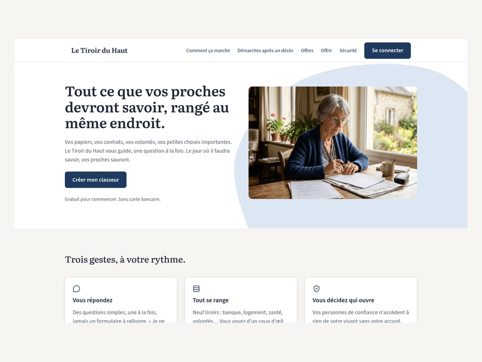 Page d’accueil du Tiroir du Haut sur un écran d’ordinateur, avec le titre et le bouton de création de classeur.