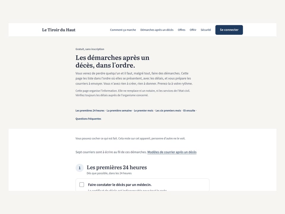 Liste des démarches après un décès sur un écran d’ordinateur, classées par période avec leurs délais.