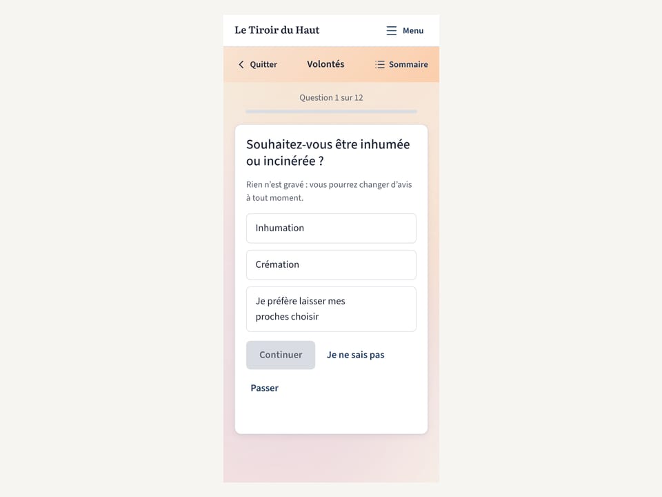 Écran mobile d’une question du tiroir Volontés, avec ses réponses possibles et le bouton pour passer.